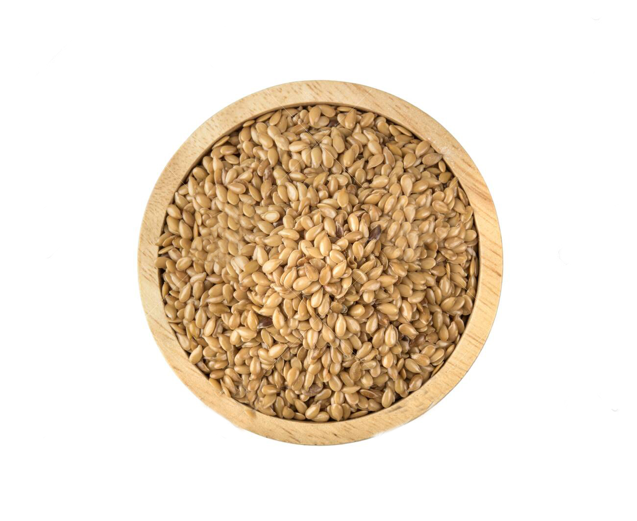 Golden flax seeds in wooden bowl isolated on white background